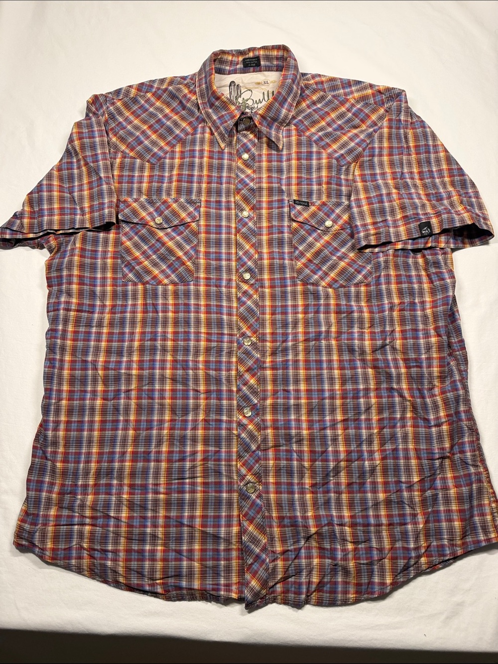 Men's XL Bullhead Plaid SS Cowboy Snap Button-Up Shirt - Red/Blu Brn Yel Plaid